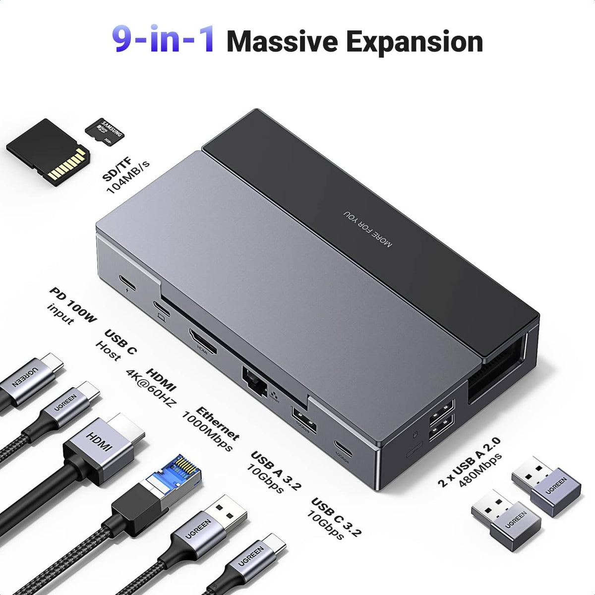 Grey 9-in-1 USB-C docking station with multiple connector ports and cable set