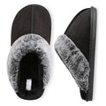 Men's black slide slippers with gray fuzzy lining and open toe, pair view