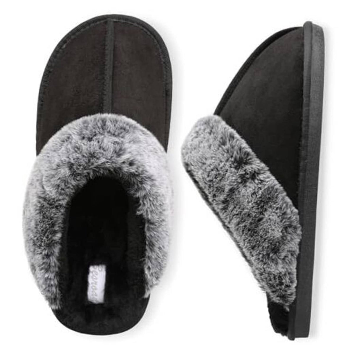 Men's black slide slippers with gray fuzzy lining and open toe, pair view