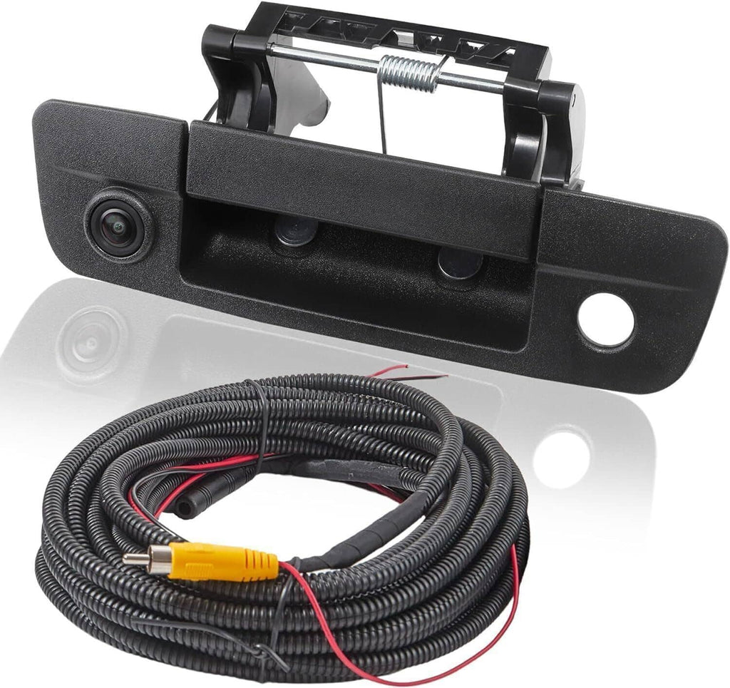 Black tailgate handle backup camera with built-in lens and wiring harness