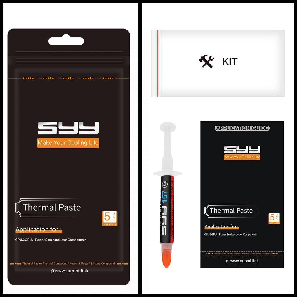 Thermal paste kit retail packaging with syringe applicator and guide cards