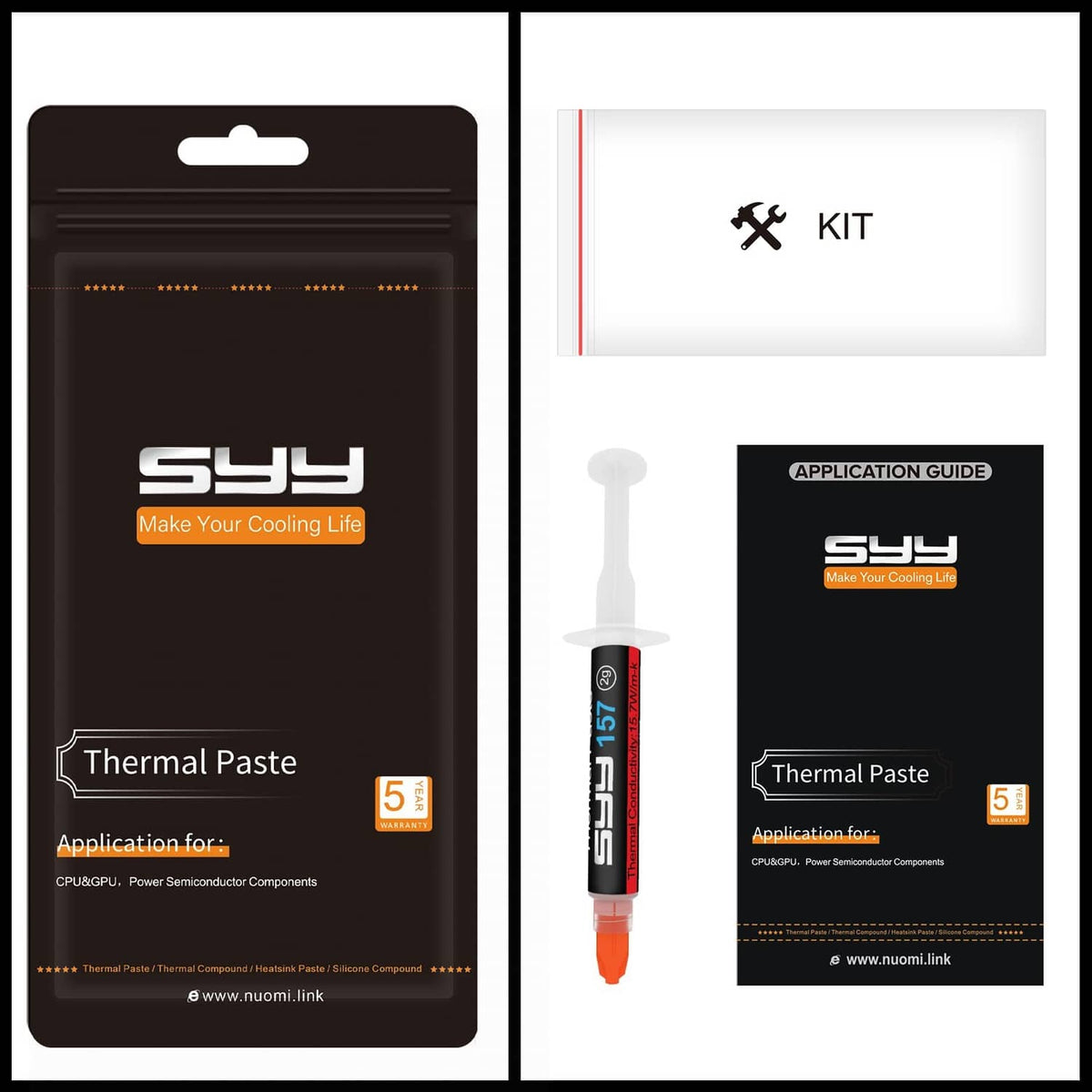 Thermal paste kit retail packaging with syringe applicator and guide cards
