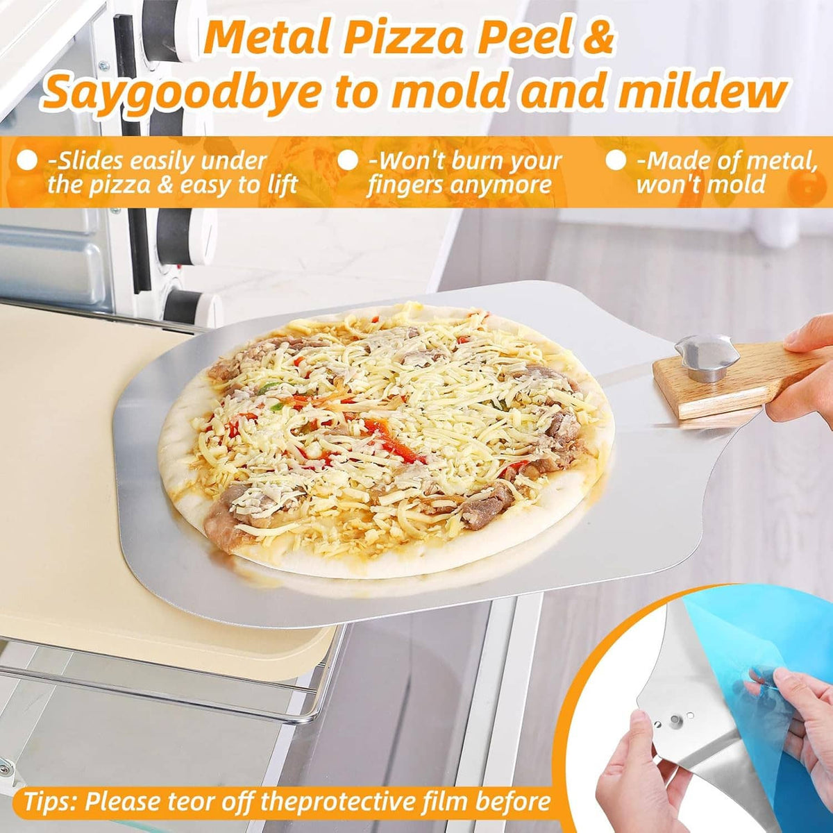 Beige pizza stone with metal pizza peel for sliding pizza into the oven