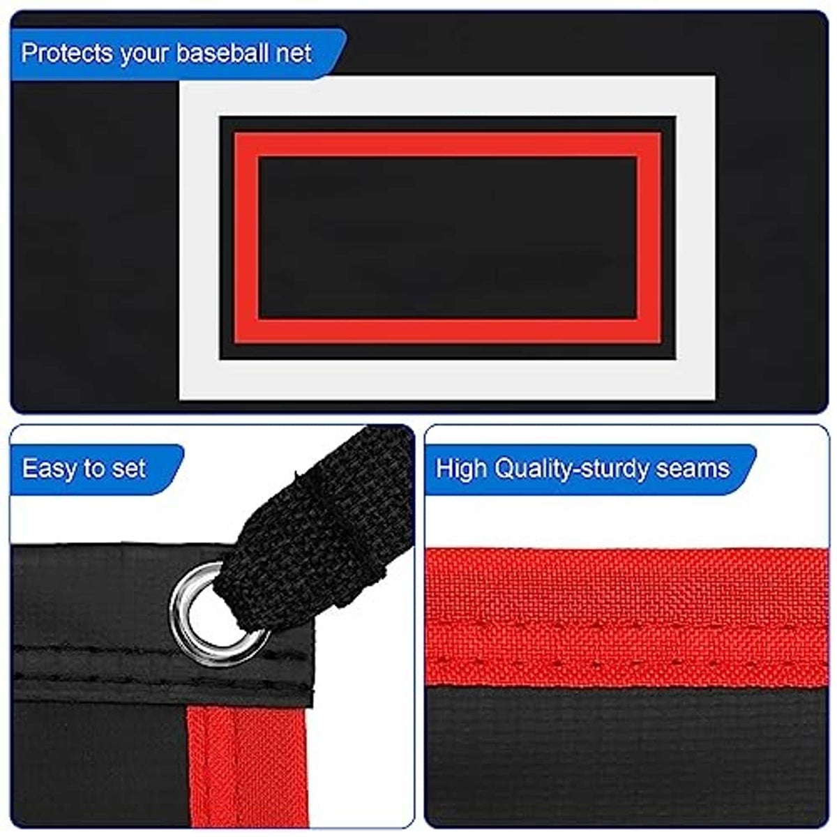 Black vinyl backstop with red strike-zone rectangle on a white border and reinforced seams