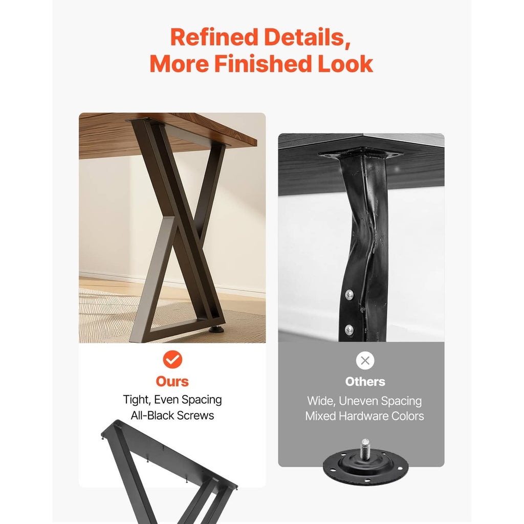 Black steel table legs set with tighter spacing and finished edges, X-frame