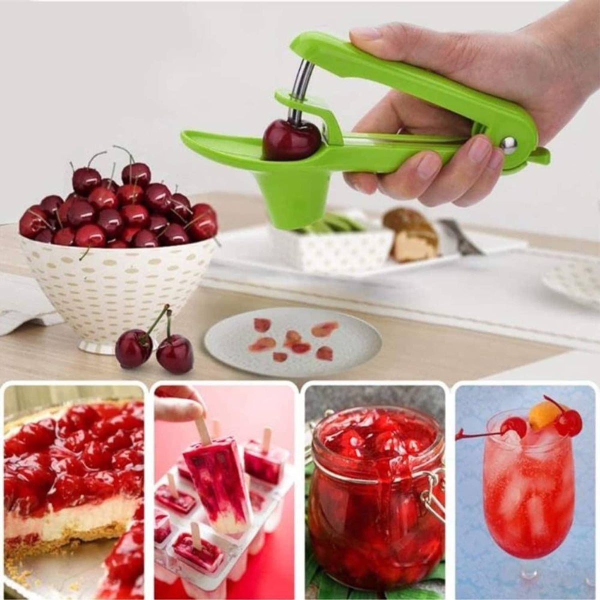Green cherry pitter tool removing pits over a bowl, with cherries collected