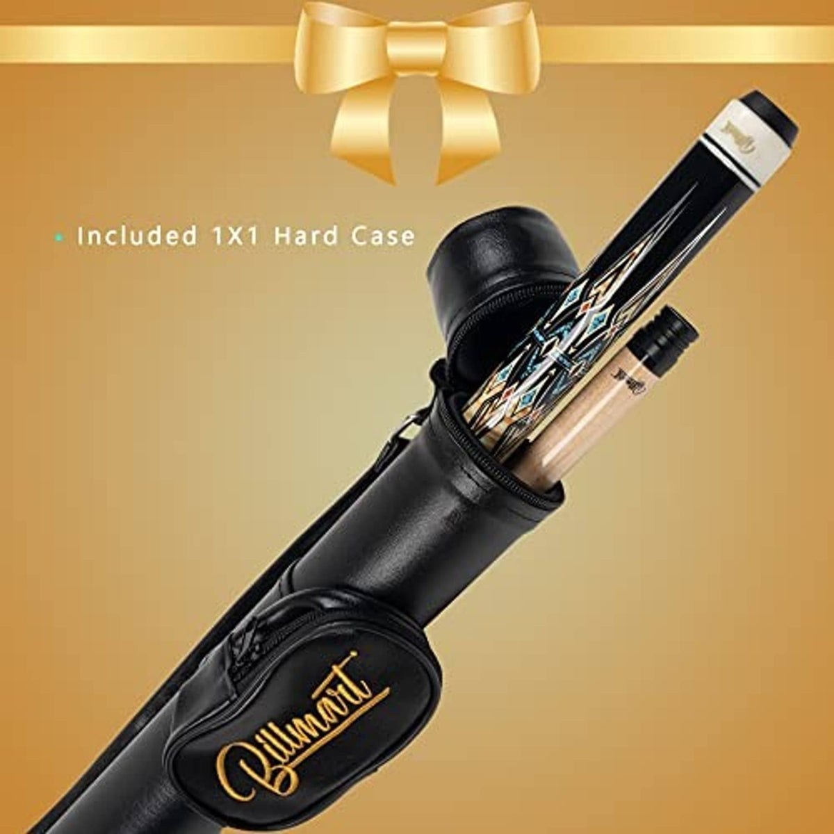 Pool cue in a black hard case with black leather handle and decorative inlay shaft