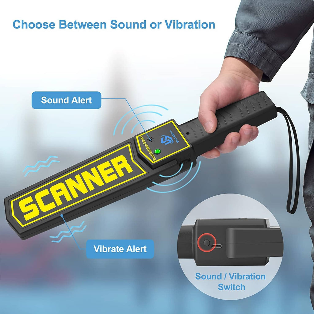 Black handheld metal detector wand showing sound and vibration alert controls