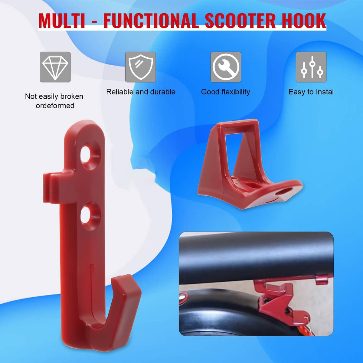 Red plastic folding scooter hook and latch set, easy-install style