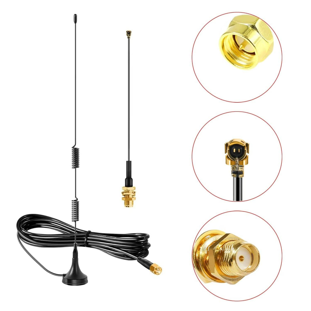 Antenna kit with gold SMA connector and threaded mount, black cable, magnetic base