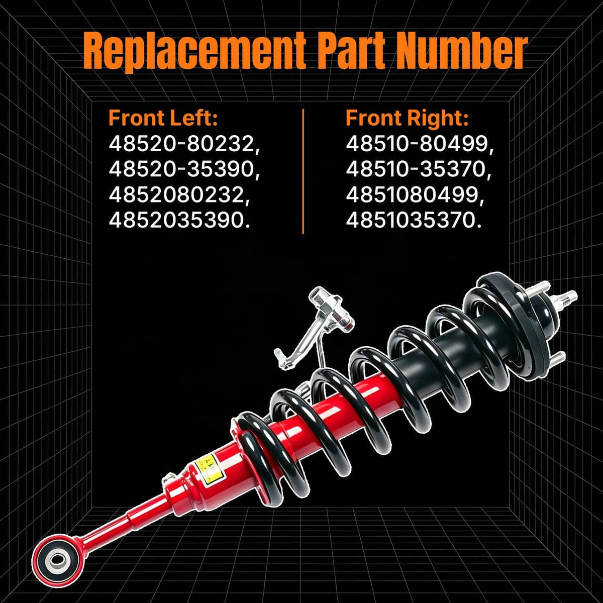 Front left/right shock strut assembly with red dampers, black coils, and mounting hardware