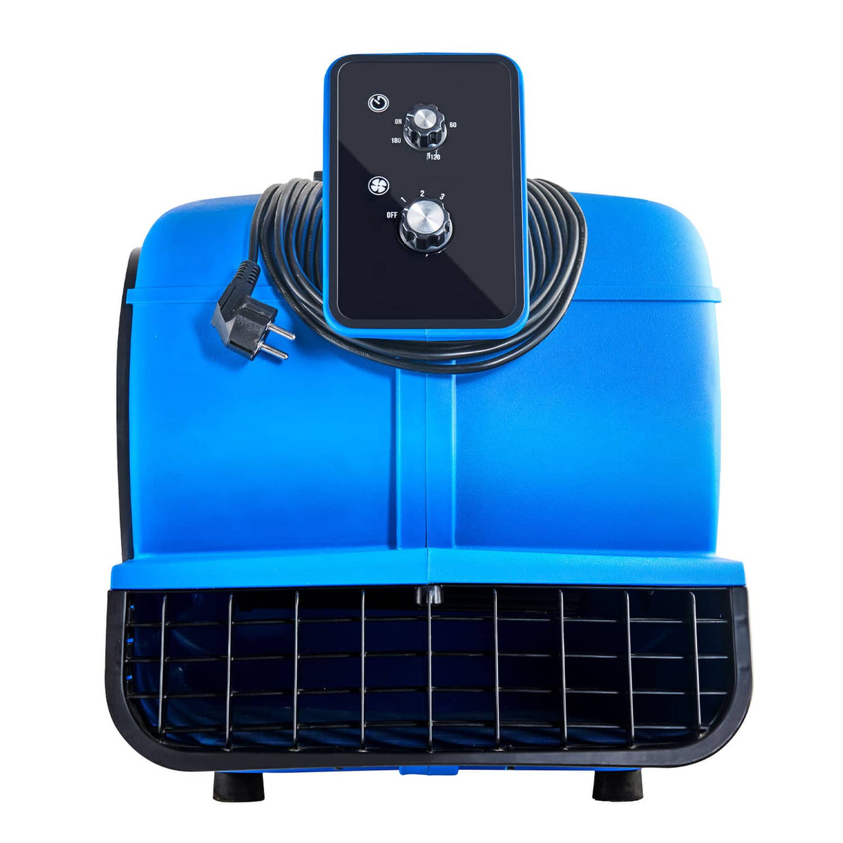Blue floor blower rear view with power plug, coiled cord, and front intake grille