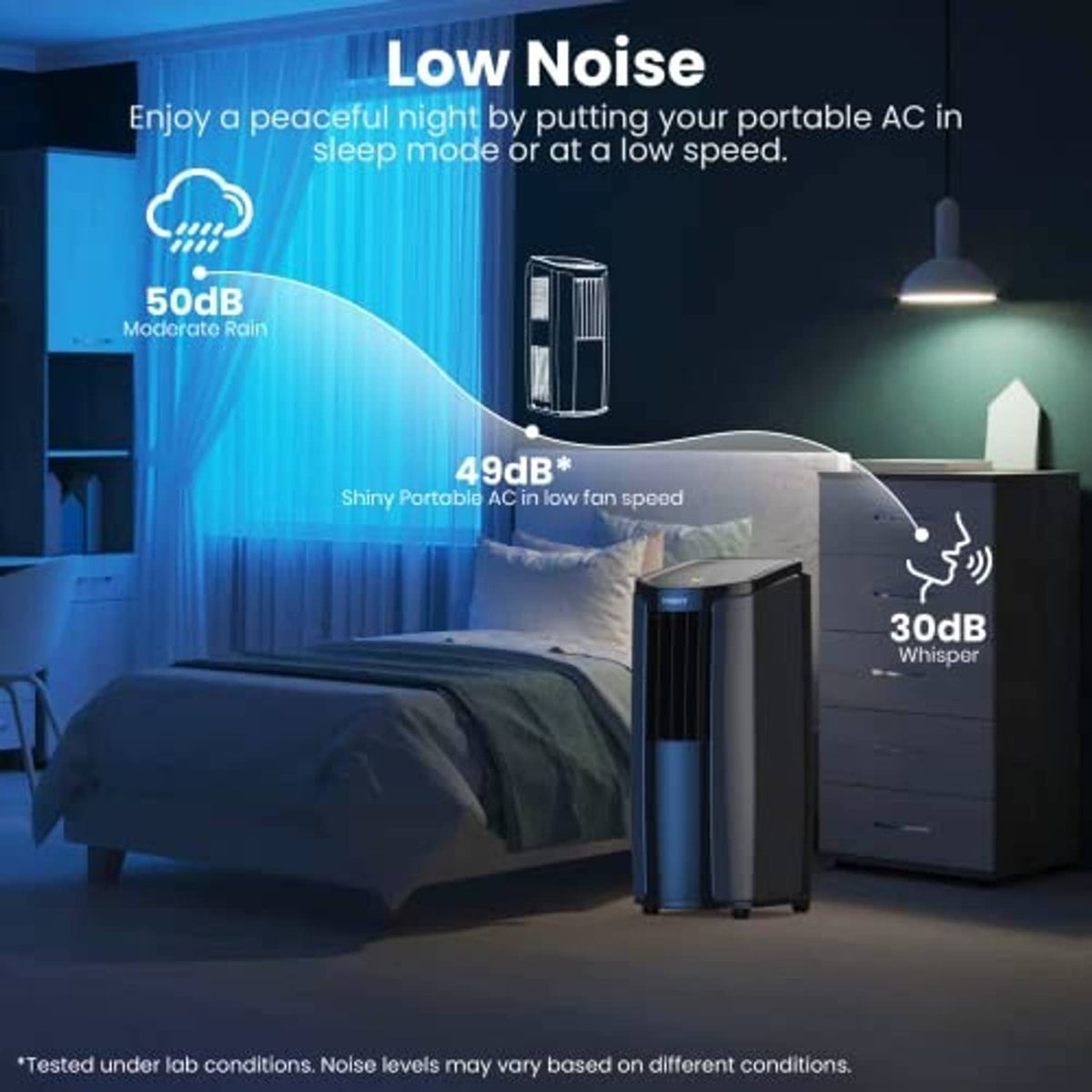 Portable air conditioner standing on the floor with front grille for quiet cooling