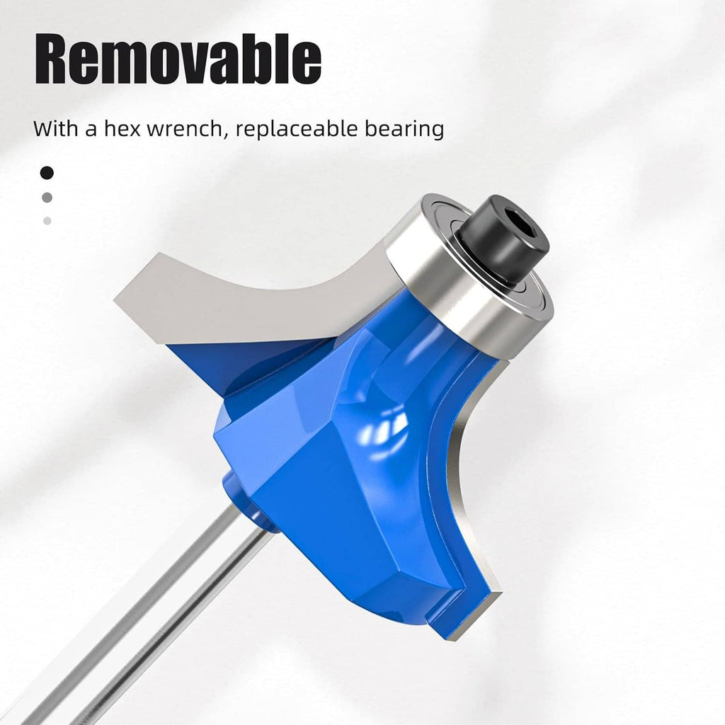 Blue roundover router bit with removable bearing and silver shank