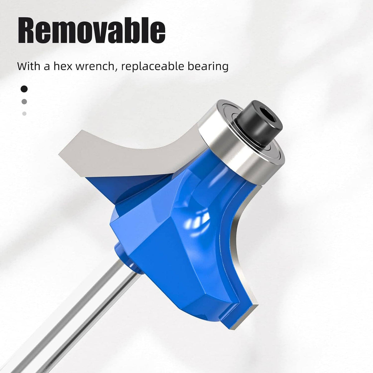 Blue roundover router bit with removable bearing and silver shank