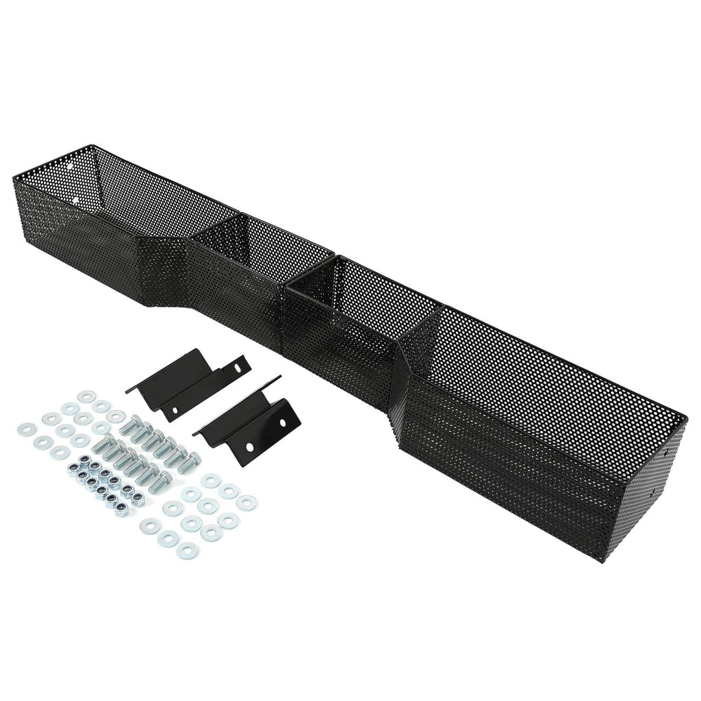 Black mesh front storage basket box with included mounting brackets, bolts, and washers