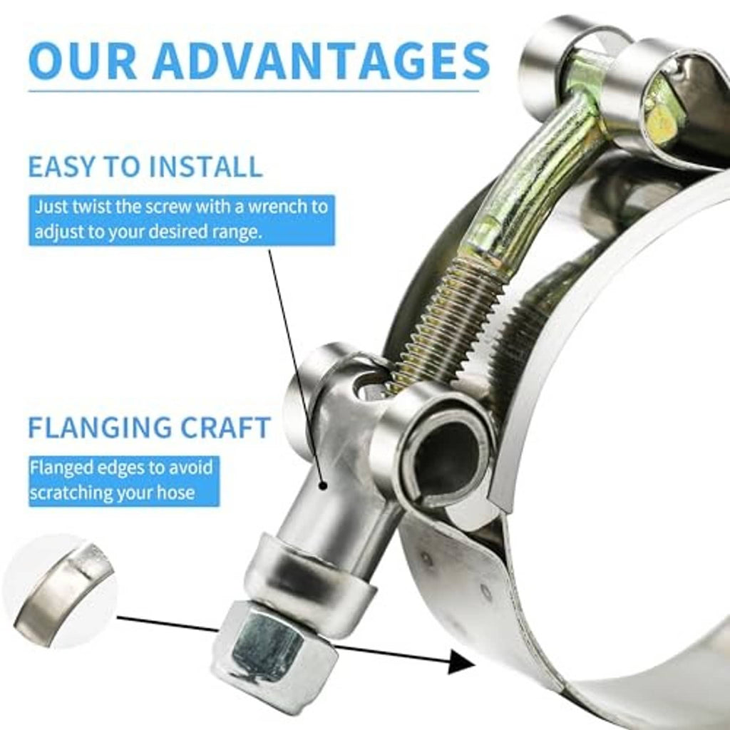 Flanged edge T-bolt hose clamp with adjustable screw and mounting band close-up