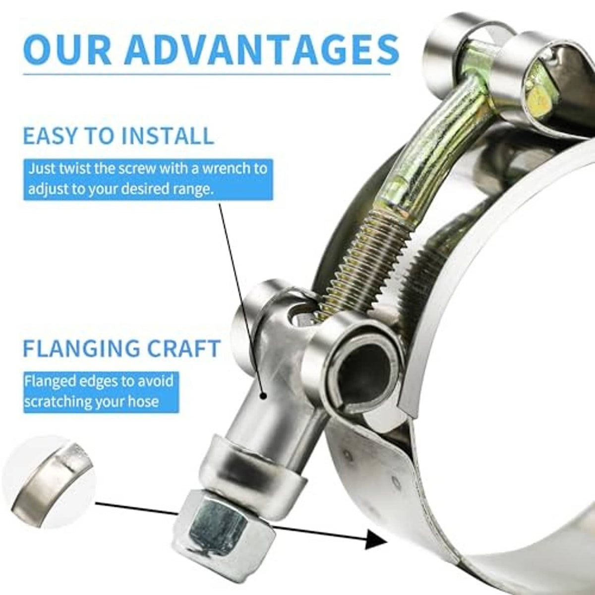 Flanged edge T-bolt hose clamp with adjustable screw and mounting band close-up