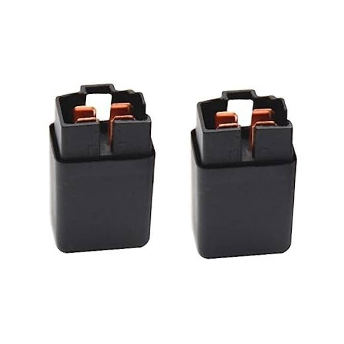 Two black 4-pin automotive relays with copper contact blocks on top
