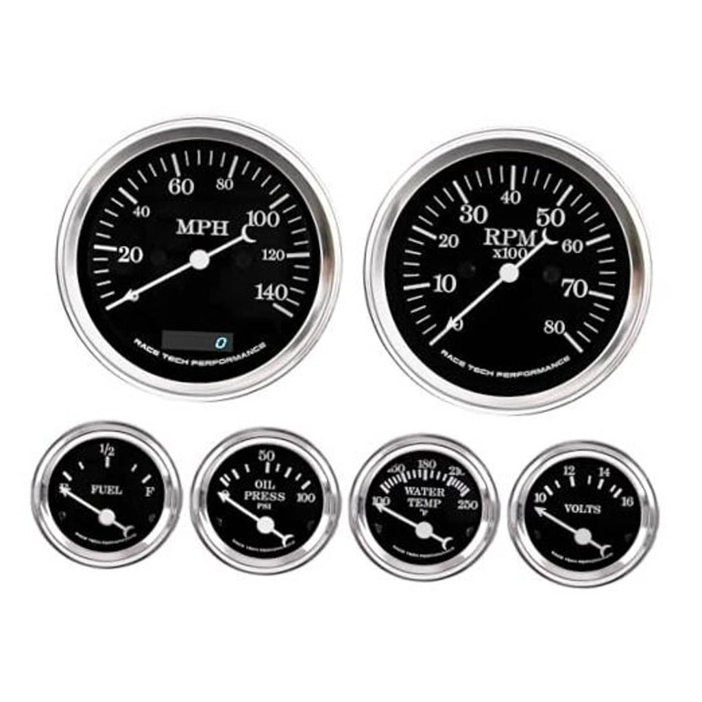 Set of four round black gauge faces with white needles and chrome bezels