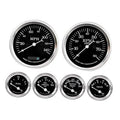 Set of four round black gauge faces with white needles and chrome bezels
