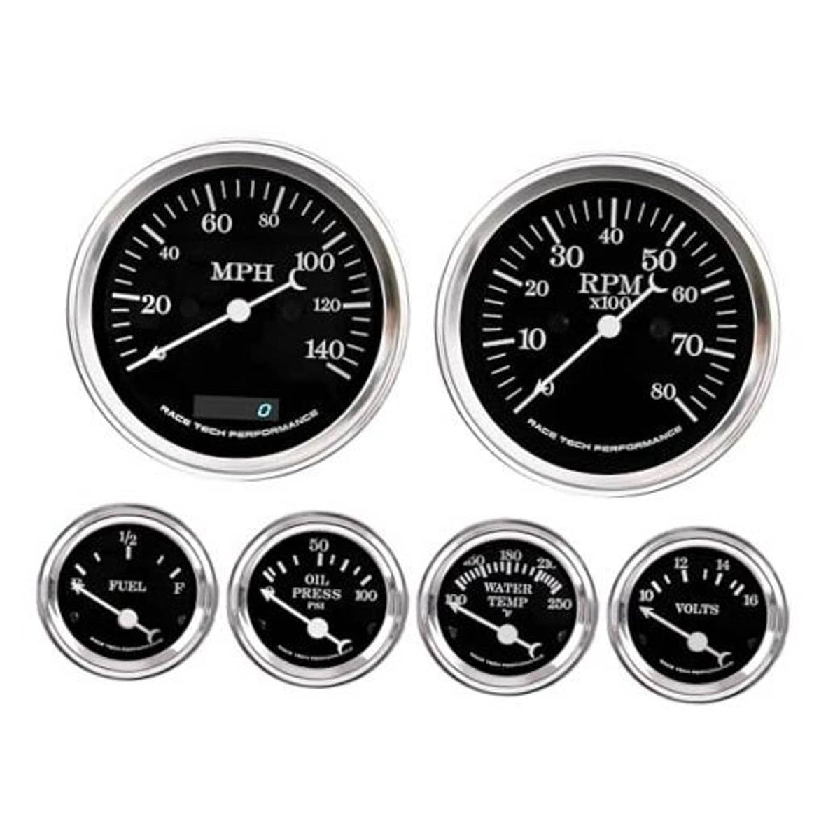 Set of four round black gauge faces with white needles and chrome bezels