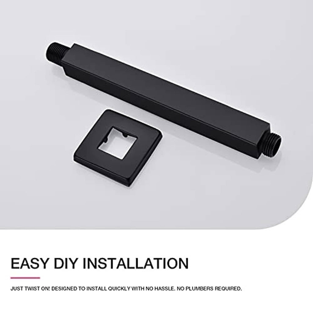 Matte black shower arm extension with square flange and threaded connection ends