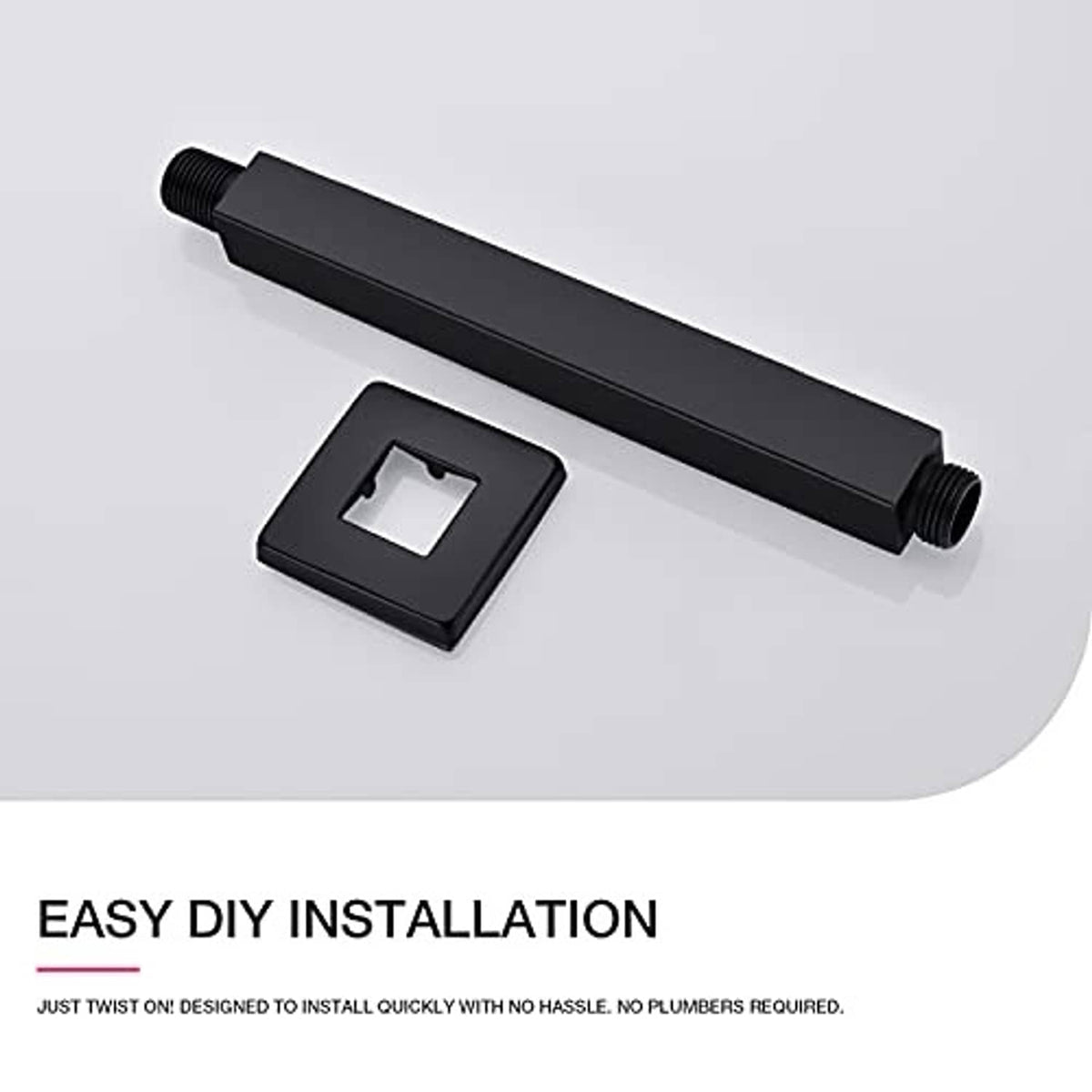 Matte black shower arm extension with square flange and threaded connection ends