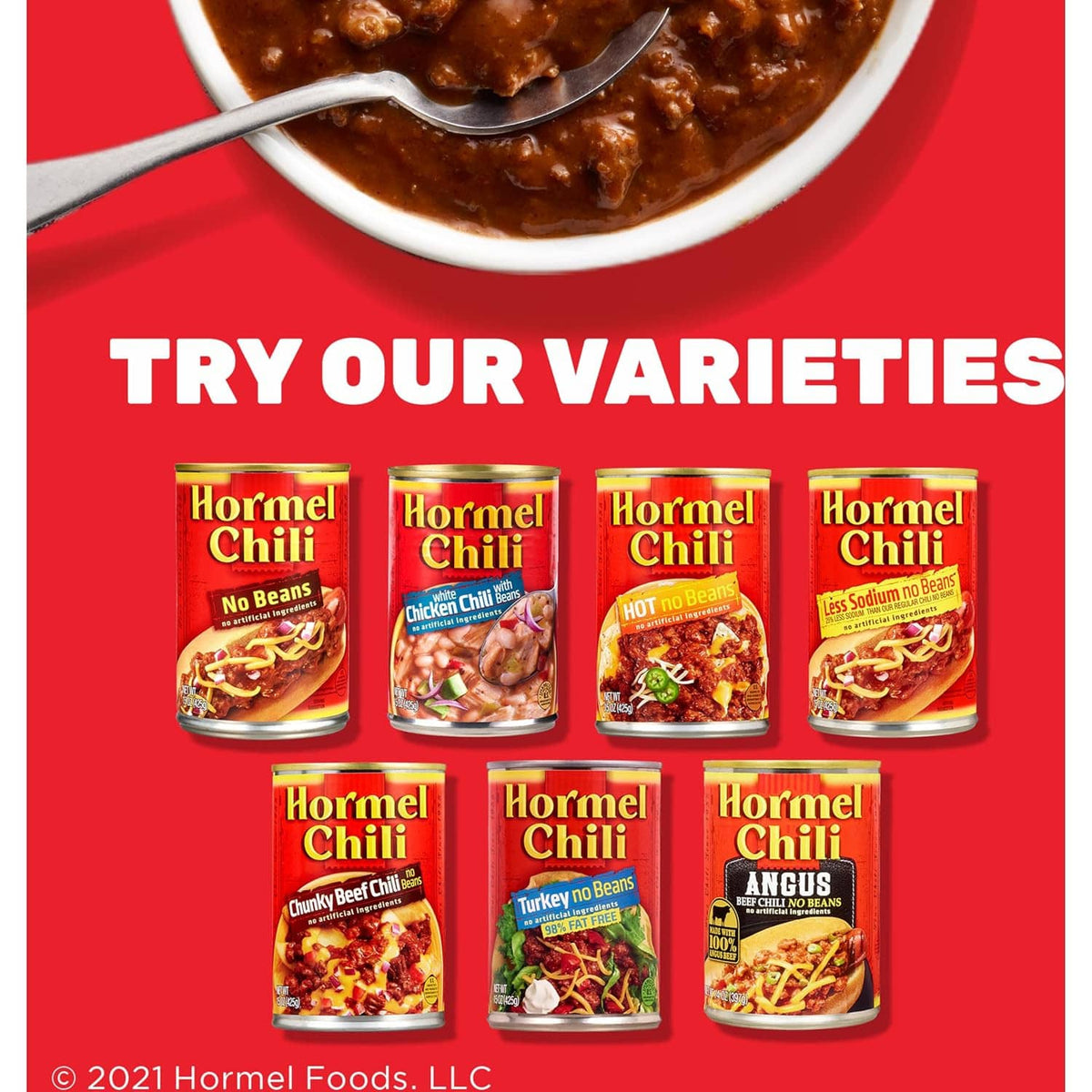 Variety lineup of Hormel chili cans shown on a red promotional graphic