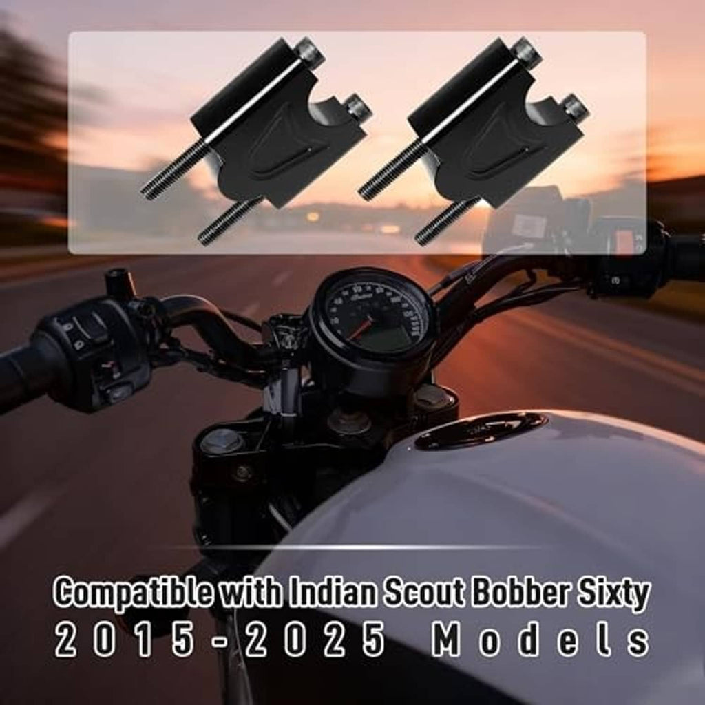 Black handlebar risers on motorcycle cockpit, angled bars with clamp mounts
