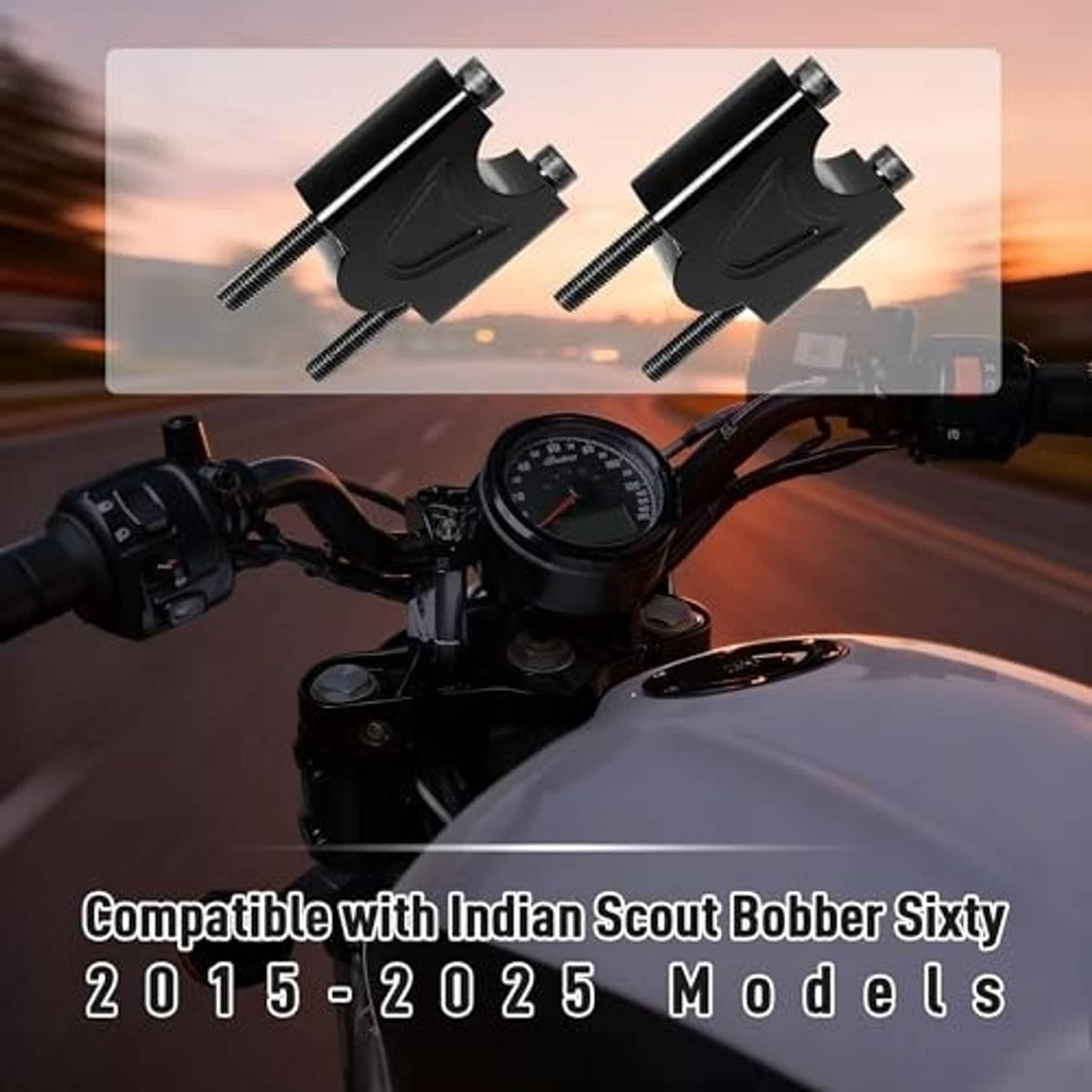 Black handlebar risers on motorcycle cockpit, angled bars with clamp mounts