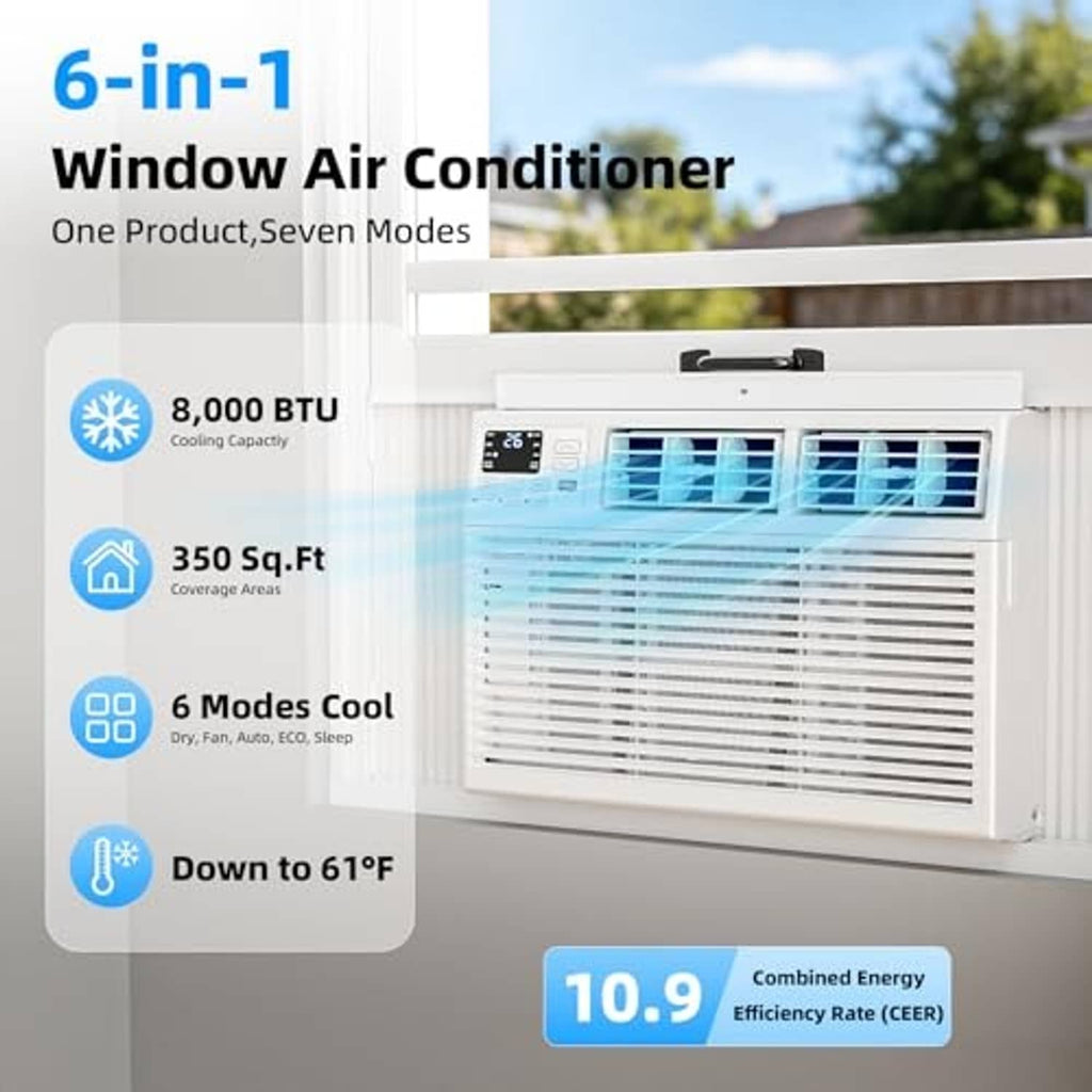White window air conditioner installed in a window, front grille and display panel visible.
