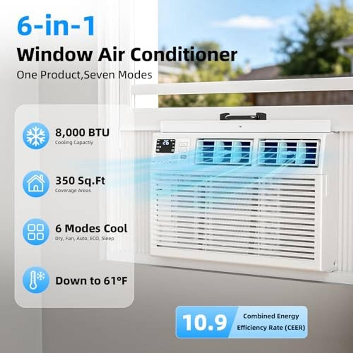 White window air conditioner installed in a window, front grille and display panel visible.