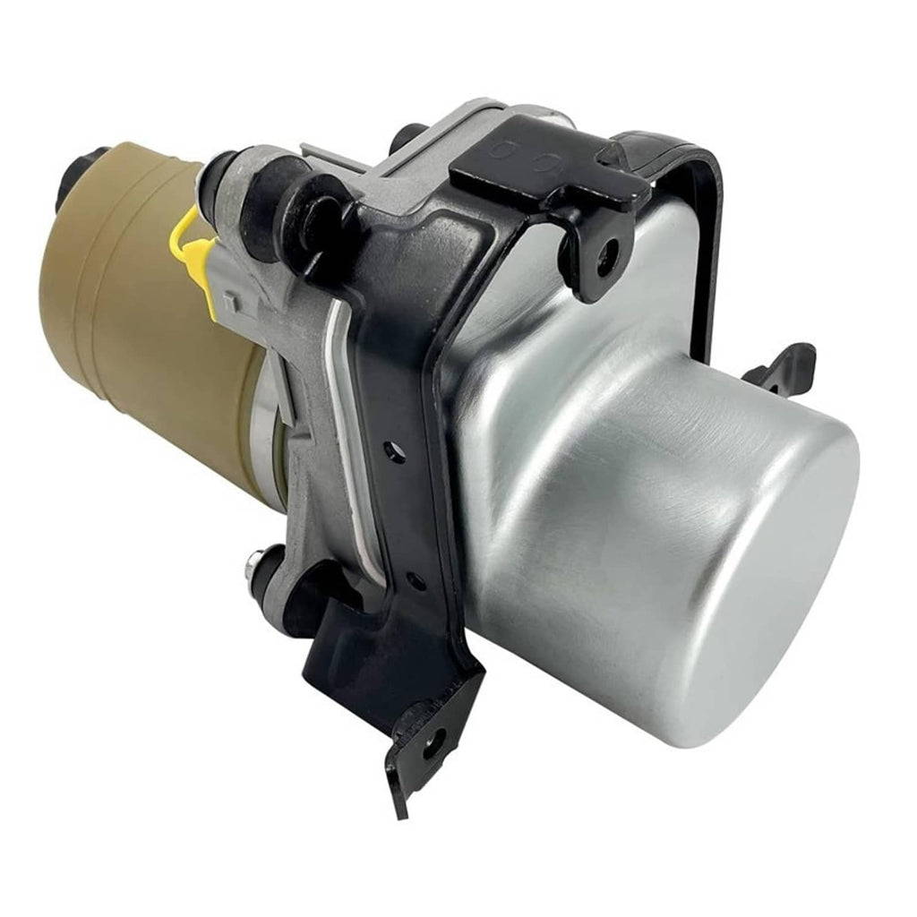 Electric power steering pump side view with beige reservoir, black cover, and silver cylinder
