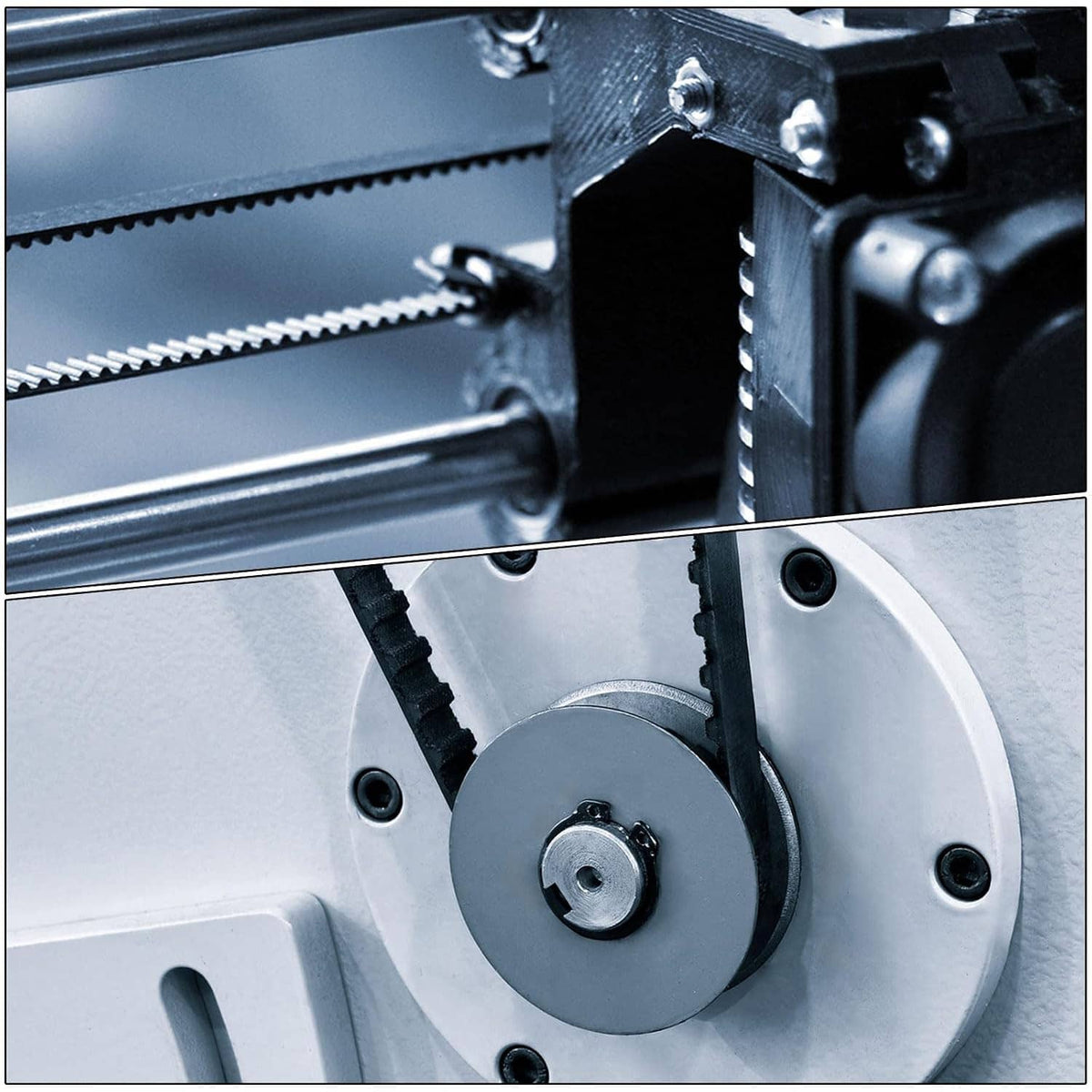 Timing belt running on a pulley system with toothed belt visible