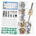 Clear A/C compressor seal washer kit with O-rings and metal valve cores in tray