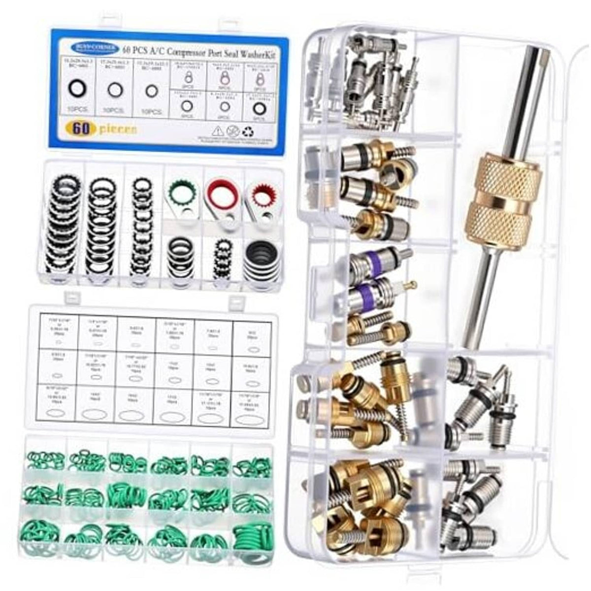 Clear A/C compressor seal washer kit with O-rings and metal valve cores in tray