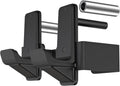 Black power rack J-hooks with rubber-padded cradles, reinforced bottom steel hook pair