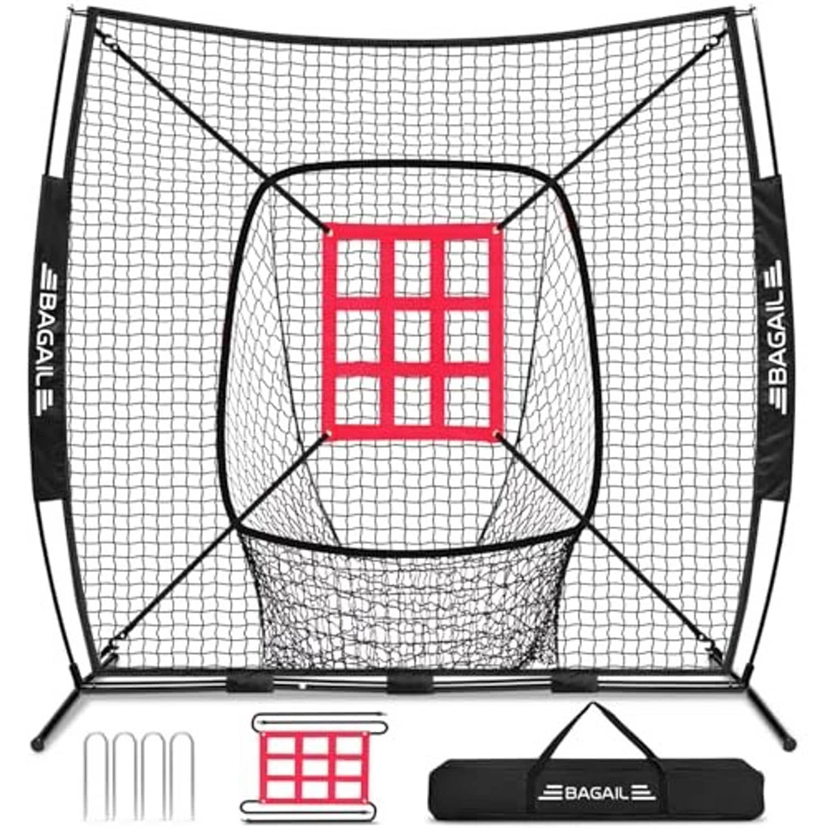 Black practice net with red strike zone target and black carry bag at base
