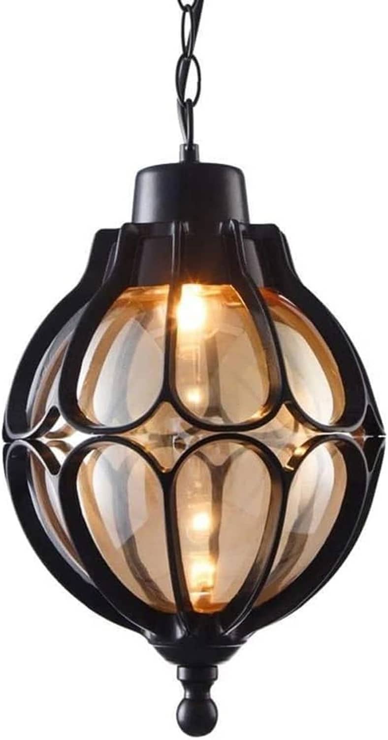 Black outdoor pendant light with glass lantern shade and hanging chain