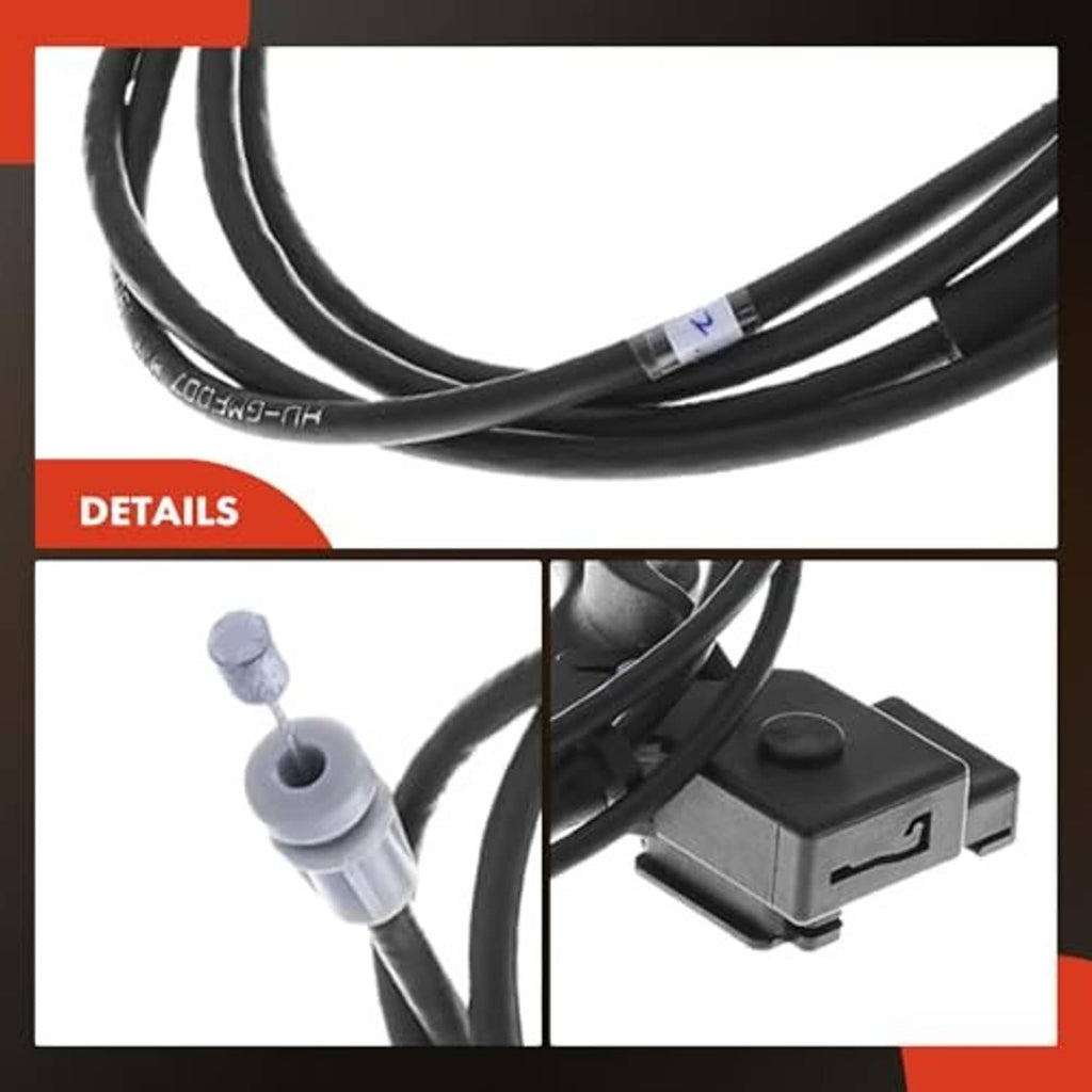Hood release cable detail: molded handle, connector ends, and black wire length