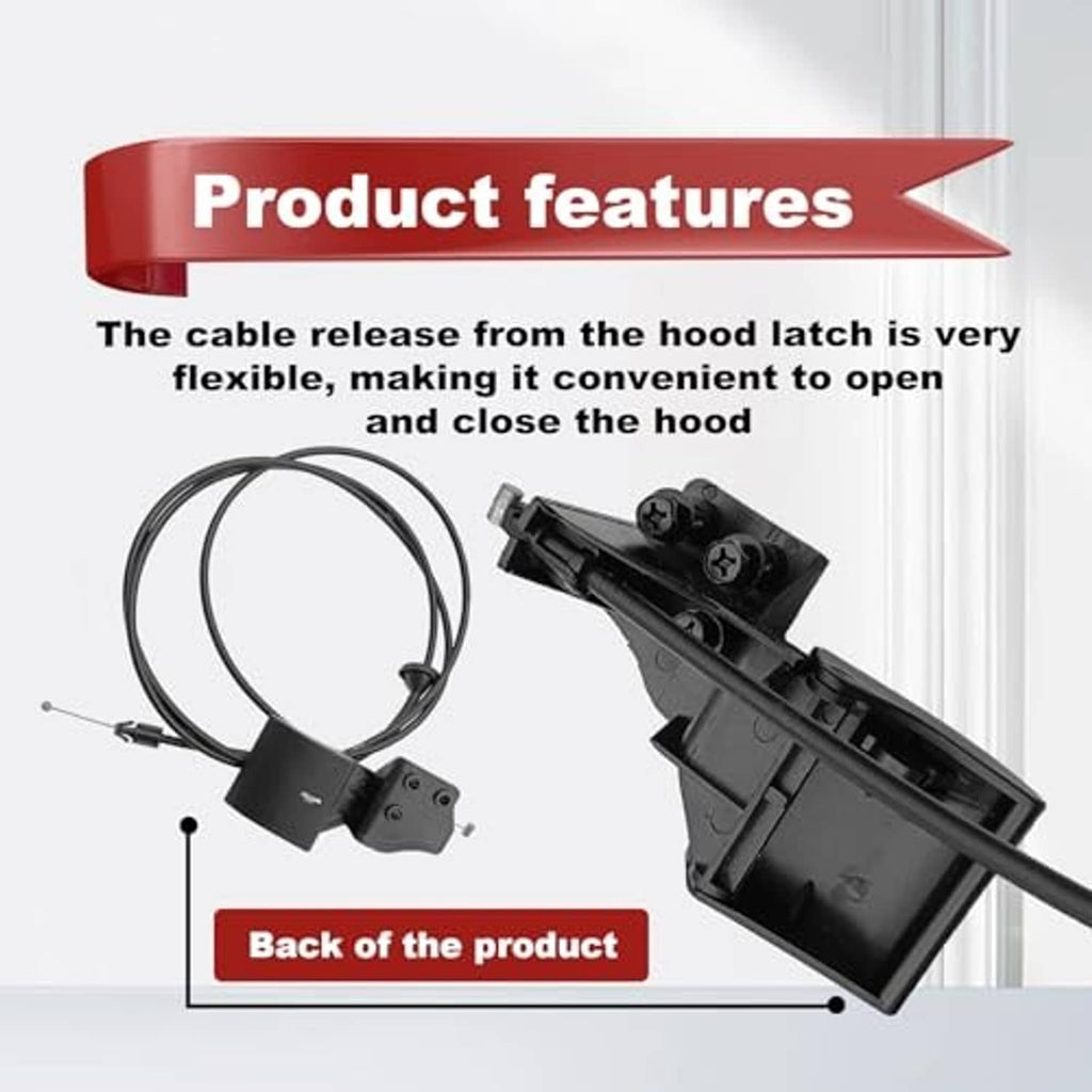 Black hood release cable with handle and latch release bracket, close-up