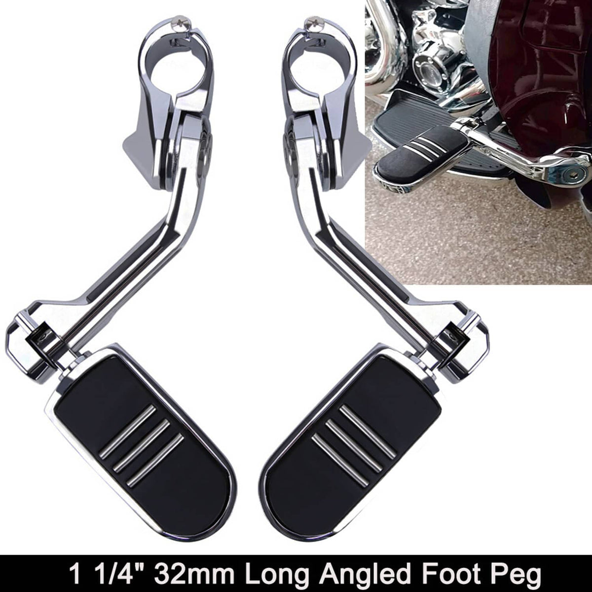 Angled motorcycle highway foot pegs with chrome arms and black rubber pads