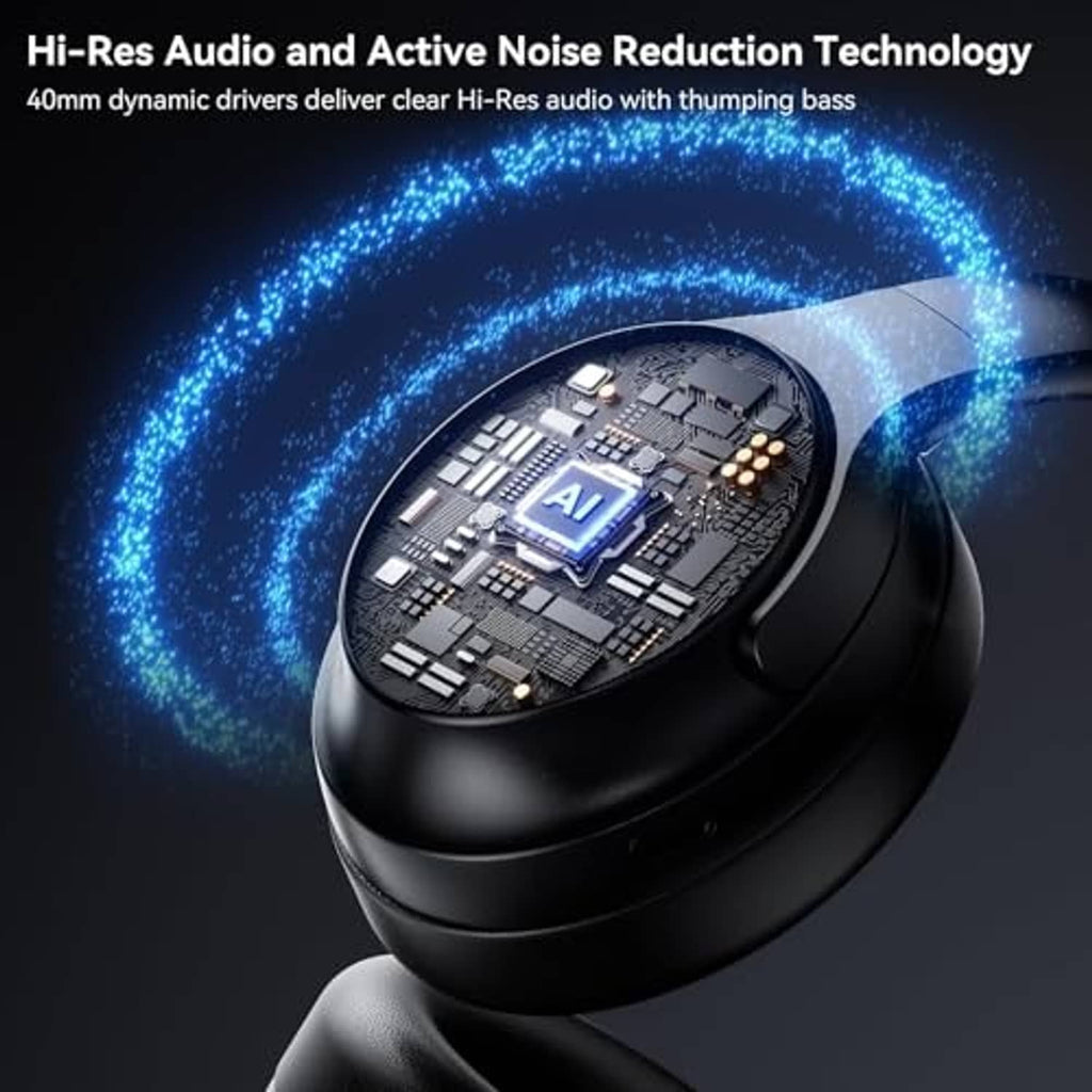 Black over-ear wireless headphones with visible internal control module detail on ear cup