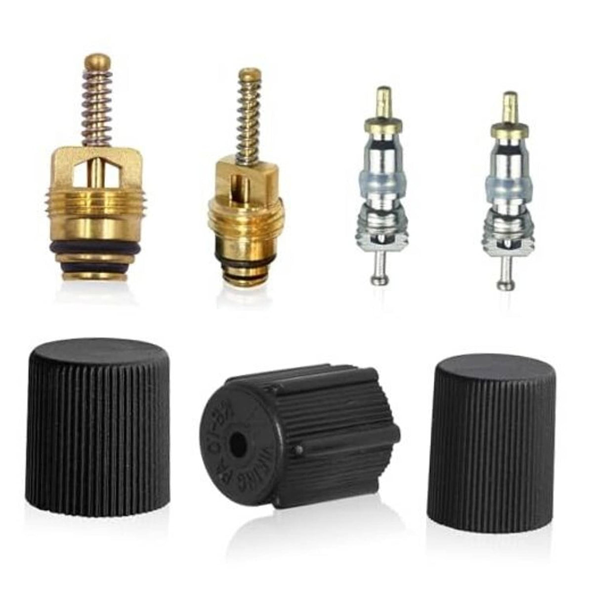 HVAC valve core caps: brass and silver cores with two black threaded caps