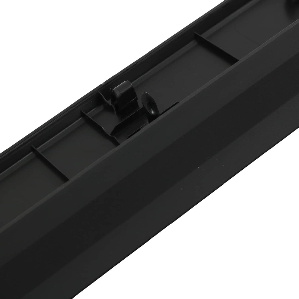 Black tailgate bed cap molding edge with snap-fit clip tabs