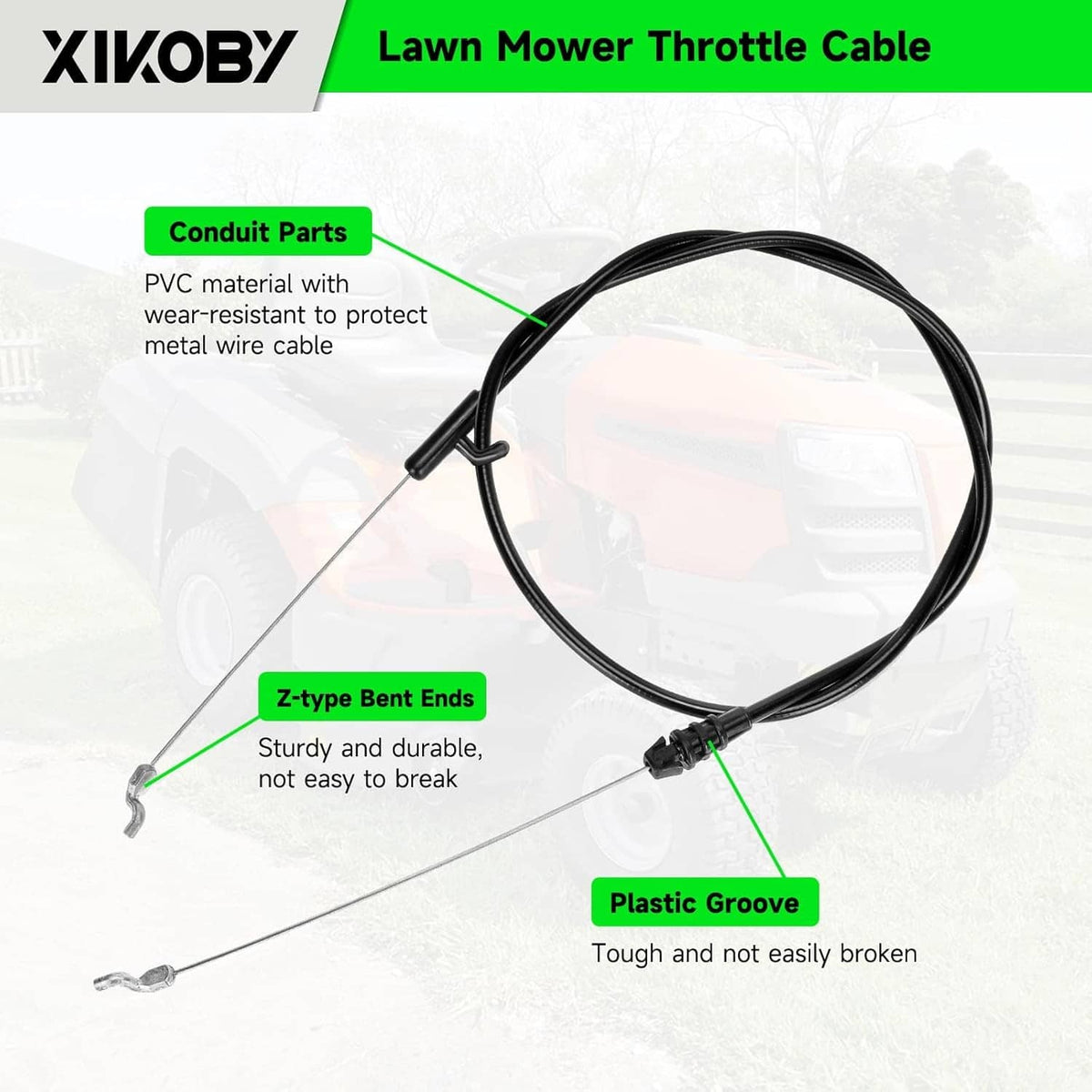 Lawn mower throttle cable with black PVC conduit and metal z-bend end hardware