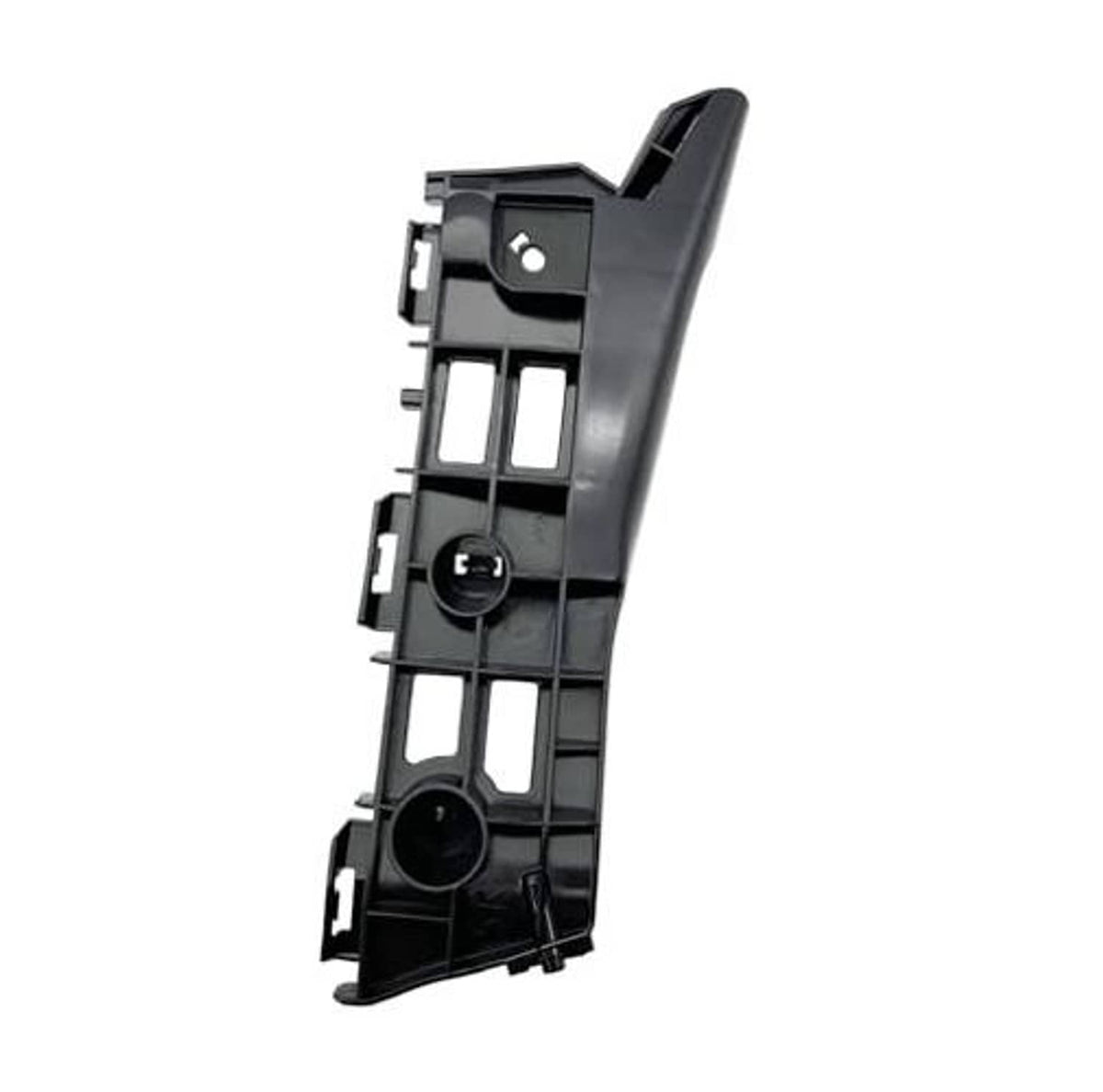 Right front bumper bracket insert with circular openings and support tabs, black plastic