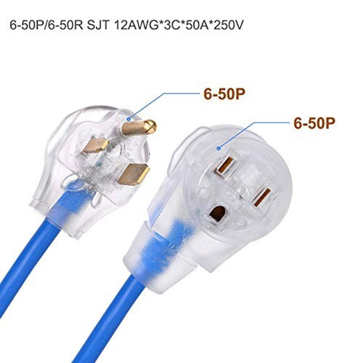 Blue welding extension cord showing two NEMA 6-50P plug faces with gold contacts