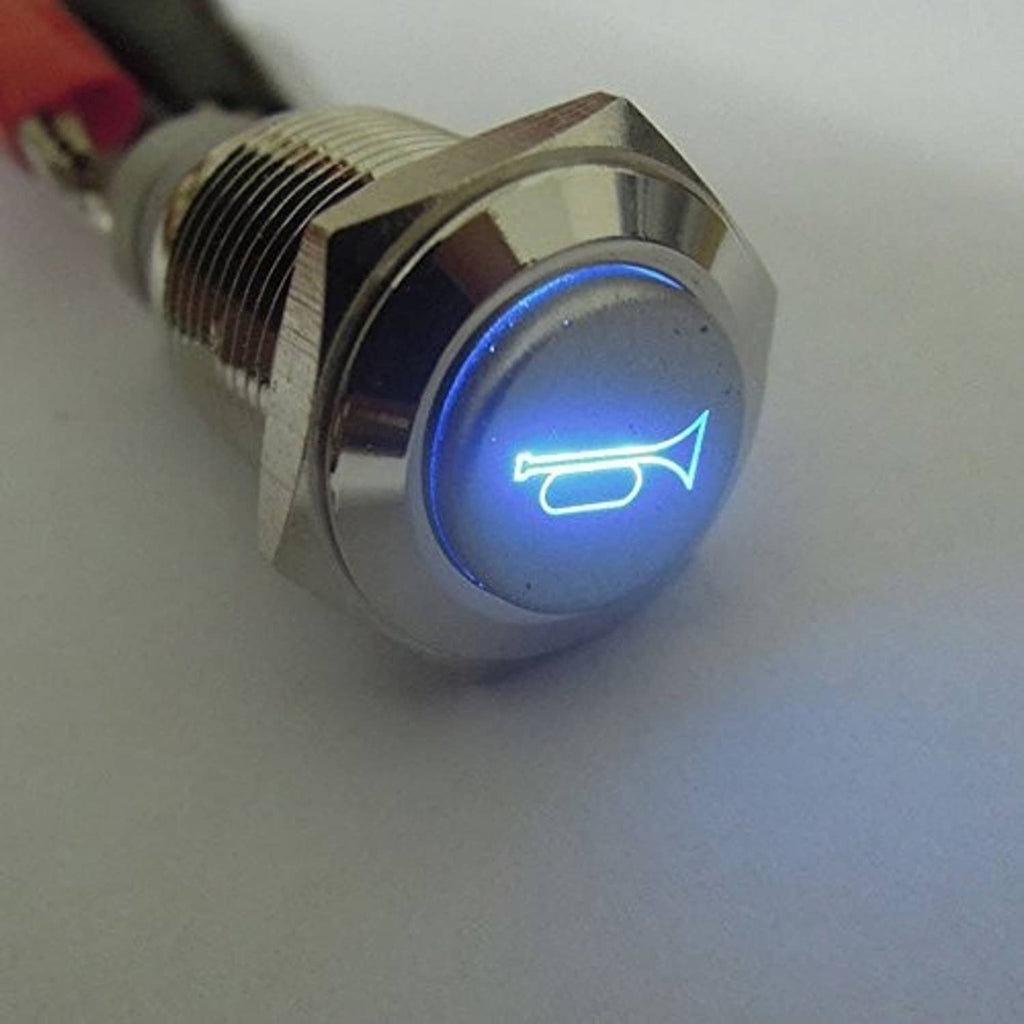 Metal momentary horn push button with blue LED trumpet icon, round chrome bezel